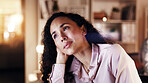 Businesswoman, online and thinking at night in office, risk assessment or plan for investment on web. Serious, treasury manager and person with financial decision, bokeh and working late for deadline