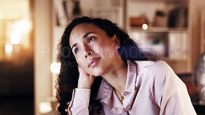 Buy stock photo Businesswoman, online and thinking at night in office, risk assessment or plan for investment on web. Serious, treasury manager and person with financial decision, bokeh and working late for deadline