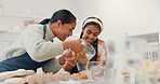 Baking, mother and pouring with daughter learning in kitchen of home for development or growth. Cooking, ingredients and recipe with woman teaching child how to bake in apartment for family time