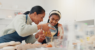 Buy stock photo Baking, mother and pouring with daughter learning in kitchen of home for development or growth. Cooking, ingredients and recipe with woman teaching child how to bake in apartment for family time