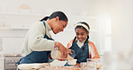 Baking, mom or girl in house with happiness, bonding or support in learning to cook. Help, woman or child with dessert preparation, healthy relationship or family connection for cognitive development