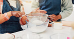 Hands, mother and child baking with flour for learning, culinary skills and bonding together. Person, kid or helping with ingredients, preparing dessert and teaching recipe for handmade snack in home