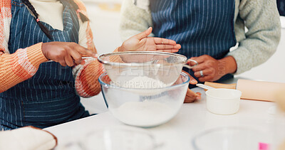 Buy stock photo Hands, mother and child baking with flour for learning, culinary skills and bonding together. Person, kid or helping with ingredients, preparing dessert and teaching recipe for handmade snack in home
