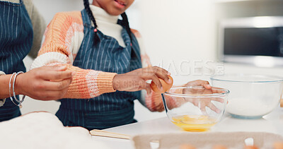 Buy stock photo Hands, mother and child baking with eggs for learning, culinary skills and bonding together. Person, kid and helping with ingredients, preparing dough and teaching recipe for handmade snack at house