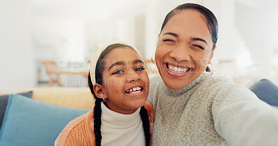 Buy stock photo Portrait, happy woman and selfie with child in lounge, mom or POV with daughter for social media. Family, bonding and girl with smile for memory, photography and home with mother on weekend break