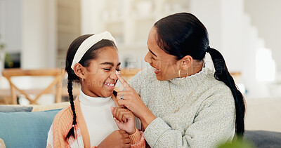 Buy stock photo Happy, love and mother with child on sofa for bonding, care and connection together in living room. Smile, relax and mom with girl kid for fun, laughing and family time on weekend in apartment.