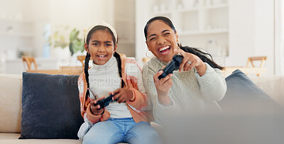 Buy stock photo Video game, mother and girl in home, smile and laughing for victory, fun and happy in living room. Esports, family and mama in lounge, funny and excited for humor, online playing and entertainment