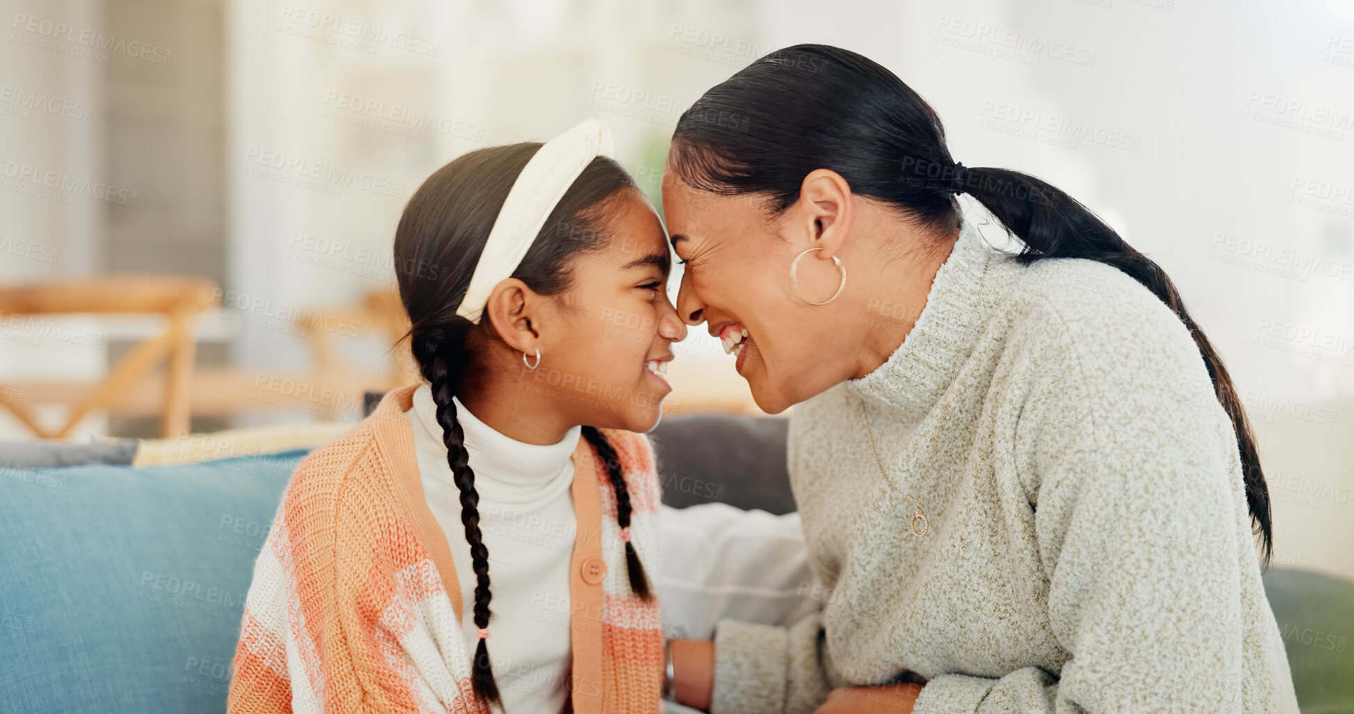 Buy stock photo Mom, child and nose kiss in home with smile, connection and love for bonding together on weekend break. Happy, woman and young daughter in living room with care, wellness and support on Mothers Day.