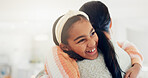 Mother, daughter and hug in home with smile, connection and love for bonding together on weekend break. Space, happy child and woman in living room with embrace, wellness and support for development.