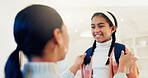 Mother, daughter and help in home with backpack, morning routine and getting ready for back to school. Caring mom, child and assistance in house with bag, support and preparation to start education.