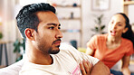 Man, couple and fight in home with ignoring, anger or tension with marriage problem. Male person, partner and risk of divorce with relationship dispute, infidelity or argument at house with conflict