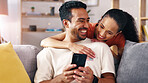 Happy couple, laughing and sofa with phone in home for comedy, social media or funny joke. Man, woman or hug with smile or mobile smartphone on couch for online subscription, app or humor in house