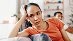 Woman, couple and conflict in home with ignoring, anger or tension with marriage problem. Female person, partner and risk of divorce with relationship dispute, infidelity or separation at house