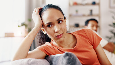 Buy stock photo Woman, couple and conflict in home with ignoring, anger or tension with marriage problem. Female person, partner and risk of divorce with relationship dispute, infidelity or separation at house