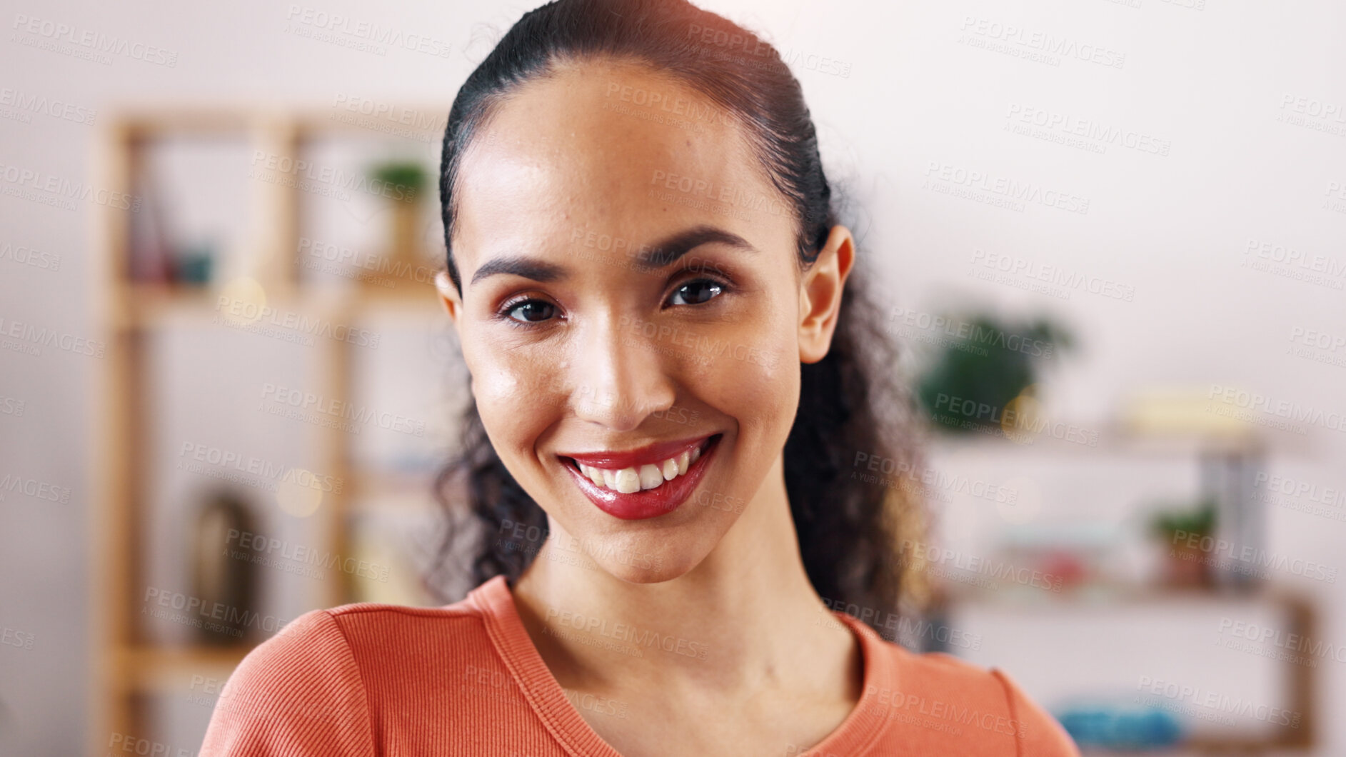 Buy stock photo Relax, woman and happy in portrait in home for weekend break, peaceful morning and me time. Calm, person and smile in apartment with wellness, positive attitude and comfortable afternoon on day off