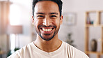 Portrait, man and confident with smile at house for peace, calm morning and weekend break. Happy, male person and positive attitude for day off, optimistic expression and stress relief in living room