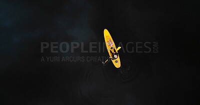 Buy stock photo Above, father and child in lake with kayak ride, adventure or bonding together for holiday activity. Mockup space, man and daughter canoeing in river with outdoor exploration, travel or vacation trip