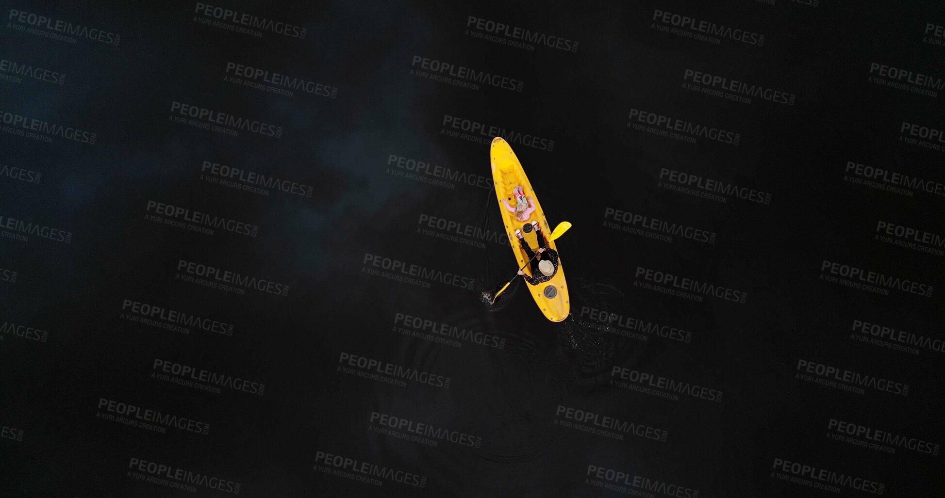 Buy stock photo Above, father and child in lake with kayak ride, adventure or bonding together for holiday activity. Mockup space, man and daughter canoeing in river with outdoor exploration, travel or vacation trip