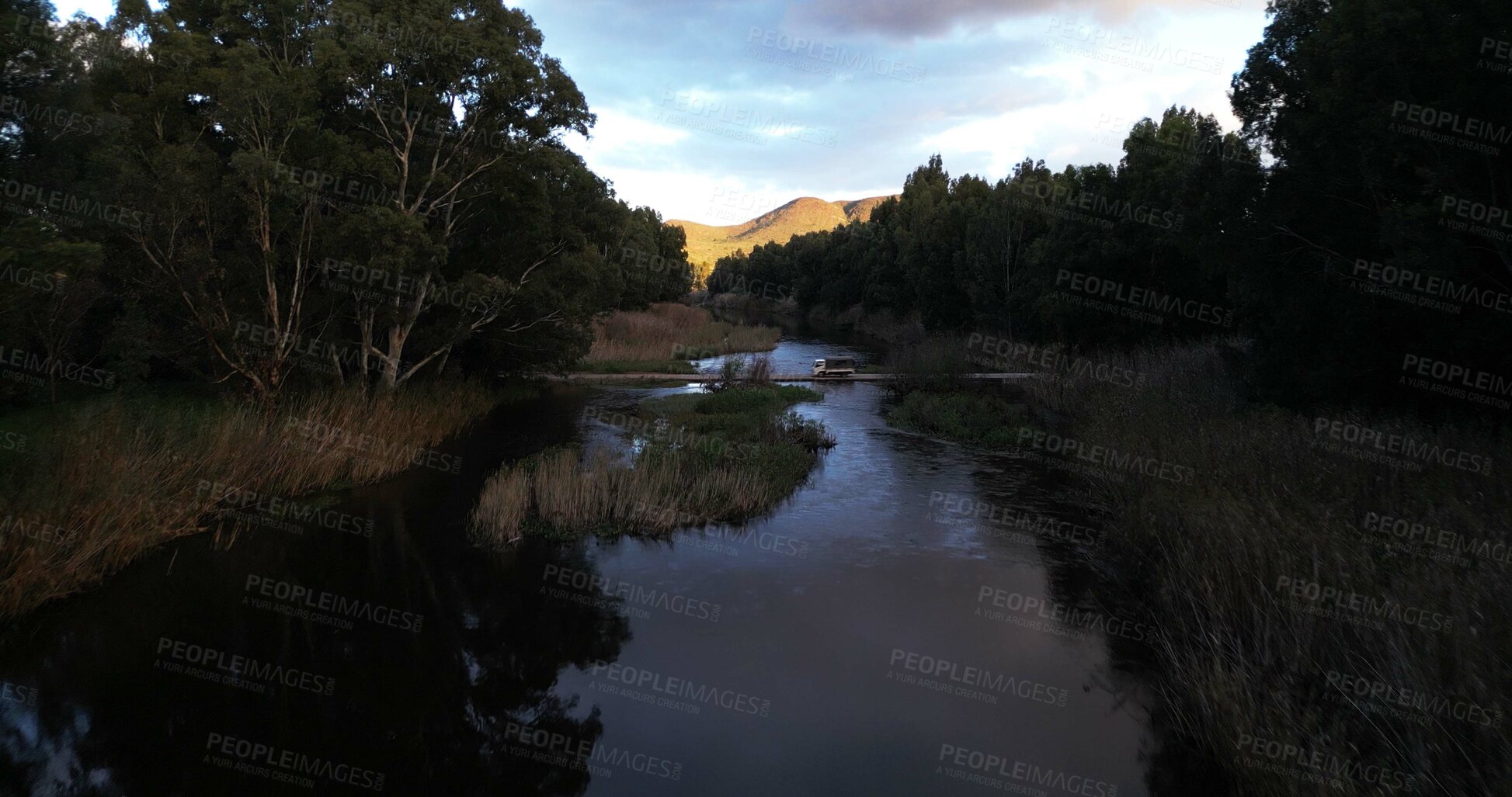 Buy stock photo River, landscape and countryside with nature, view and blue sky with trees, outdoor and environment. Empty, clouds and eco friendly with lake, ecology or mountains with sustainability in Canada