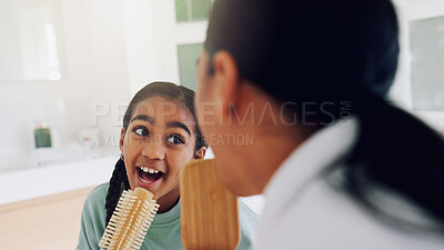 Buy stock photo Mom, girl and singing with brush in bathroom for fun grooming or spa day together in home. Mother, child or bonding with vibe, haircare or playful karaoke for beauty, love or salon treatment in house
