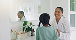 Discussion, mother and daughter with laugh in bathroom, getting ready and morning routine for bonding. Funny conversation, smile and woman with child for day preparation, support and grooming in home