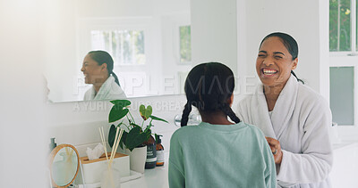 Buy stock photo Discussion, mother and daughter with laugh in bathroom, getting ready and morning routine for bonding. Funny conversation, smile and woman with child for day preparation, support and grooming in home