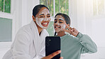 Happy mom, child and peace sign with face mask for selfie, social media post or spa day together. Mother, girl or daughter with smile, facial treatment or app for morning routine or picture in home
