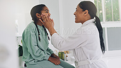 Buy stock photo Grooming, mother and girl in bathroom, smile and help for skincare, morning routine and family. Parent, mama or daughter in home, beauty and love with treatment, support or healthy skin with wellness