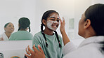 Mom, happy girl and skincare with face mask in bathroom for beauty spa day or routine in home. Mother, helping or child with smile for facial treatment, grooming or salon cosmetics together in house