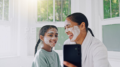 Buy stock photo Skincare, mom or child in home with selfie, face mask or bonding together in self care post. Connection, parent or girl in bathroom with treatment, pampering day or memory capture for social media.