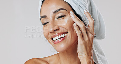 Buy stock photo Skincare, cream or woman with smile in studio, wrinkle treatment or moisturizer for anti aging benefits. Beauty, glowing skin or mature person with lotion for hydration, space or white background