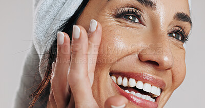 Buy stock photo Happy woman, moisturizer and studio with skincare for hygiene or dermatology on a white background. Female person, model or smile with smooth skin, glow or shine for beauty cosmetics or hydration