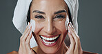 Portrait, woman and face wash in studio with skincare, pore cleanser and smile for hydration benefits. Happy, mature person and foam soap for clean skin, dermatology and grooming on gray background.