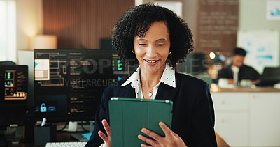Buy stock photo Tablet, programmer and reading with woman in office for coding, cyber security and cloud computing. Programming, code and developer with employee in digital agency for database update and it solution