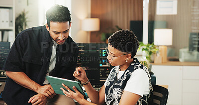 Buy stock photo Tablet, programmer and team with business people in office for web developer, research and feedback. Code review, software engineer and database with employees in tech startup for it collaboration