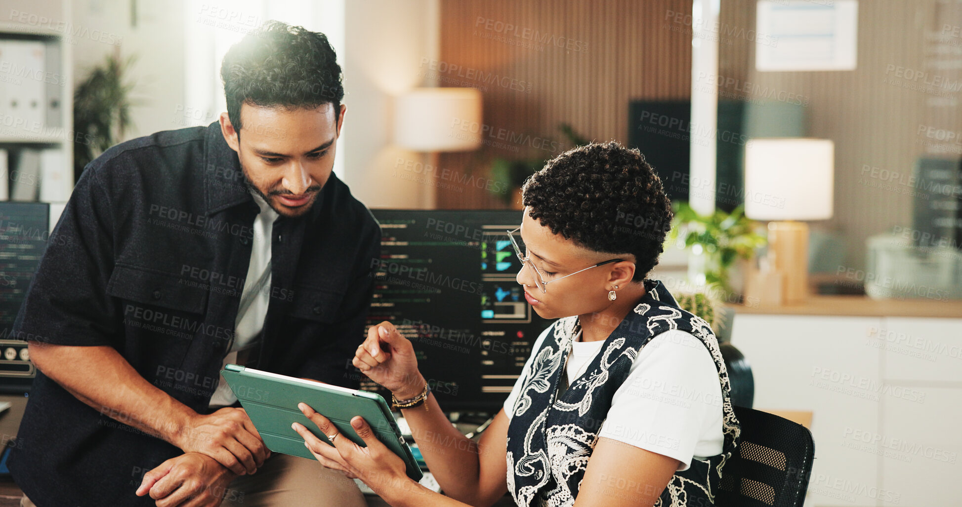 Buy stock photo Tablet, programmer and team with business people in office for web developer, research and feedback. Code review, software engineer and database with employees in tech startup for it collaboration