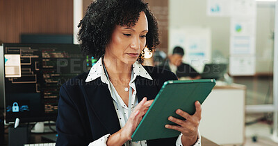 Buy stock photo Tablet, programmer and typing with woman in office for coding, cyber security and cloud computing. Programming, code and developer with employee in digital agency for database update and it solution