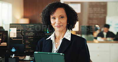 Buy stock photo Tablet, programmer and portrait with woman in office for coding, cyber security and cloud computing. Programming, research and developer with employee in agency for database update and it solution