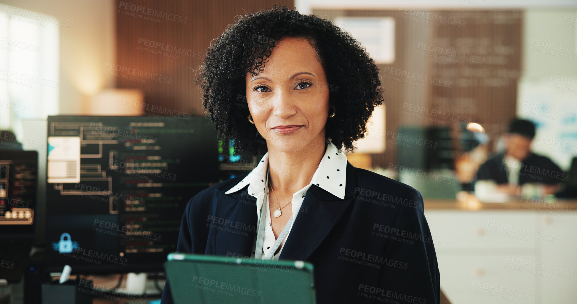 Buy stock photo Tablet, programmer and portrait with woman in office for coding, cyber security and cloud computing. Programming, research and developer with employee in agency for database update and it solution