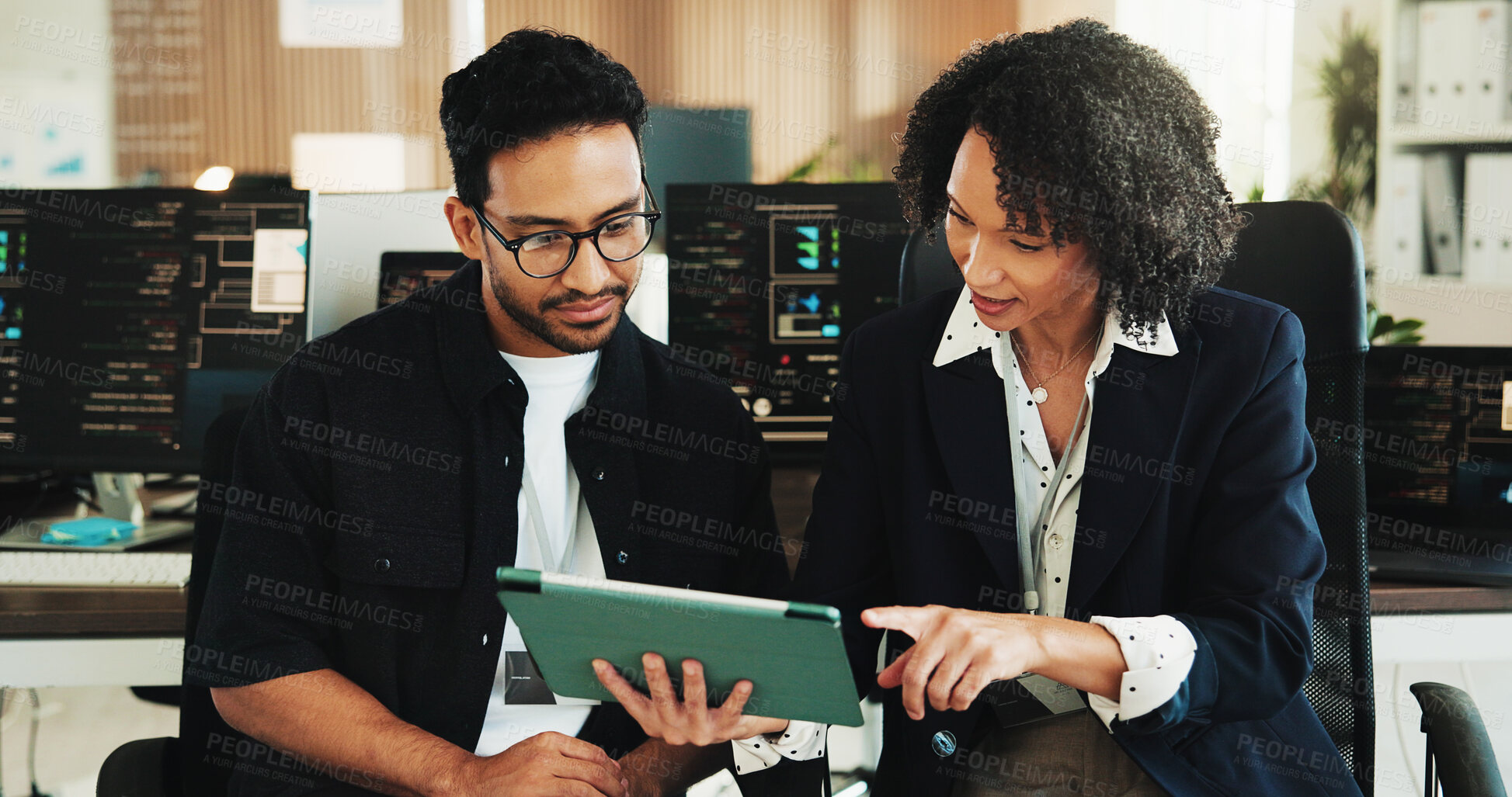 Buy stock photo People, team and tablet with checklist for coding at office with programming, notes and smile at AI startup. Developer, woman and man with application, happy or insight with discussion at tech agency