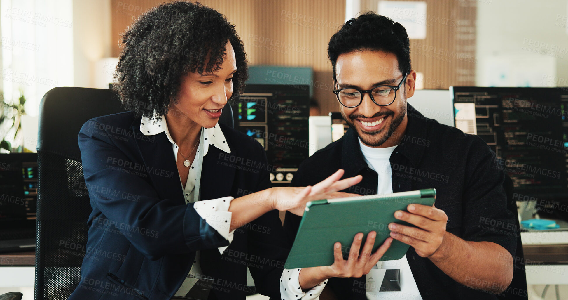 Buy stock photo People, team and tablet with report for coding at office with programming, notes and smile at AI startup. Developer, woman and man with application, happy or insight with checklist at tech agency