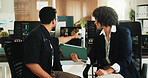 People, team and tablet with computer screen for coding at office with programming with review AI startup. Developer, woman and man with application, point or insight with discussion at tech agency