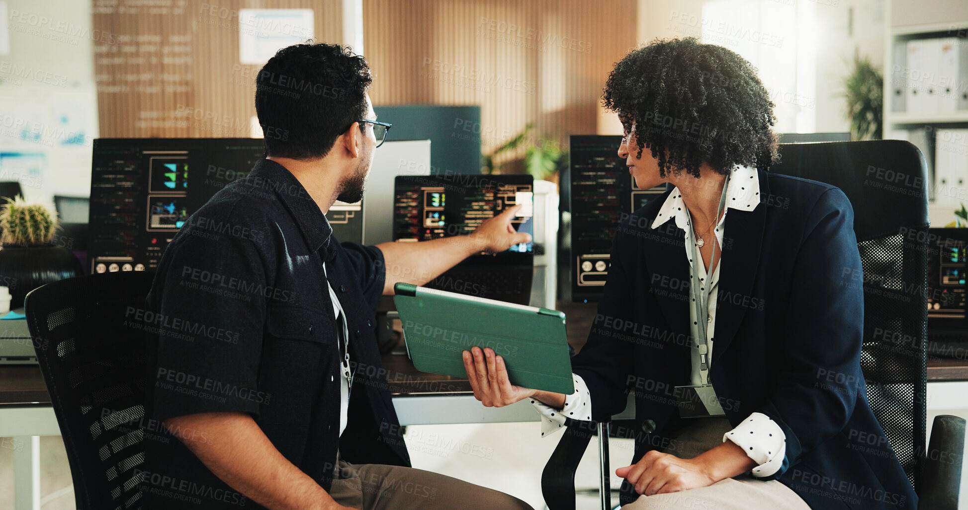 Buy stock photo People, team and tablet with computer screen for coding at office with programming with review AI startup. Developer, woman and man with application, point or insight with discussion at tech agency