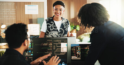 Buy stock photo People, group and computer with meeting for coding at office with programming, notes and tech company. Team, women and man with typing, report and futuristic web development with planning at agency