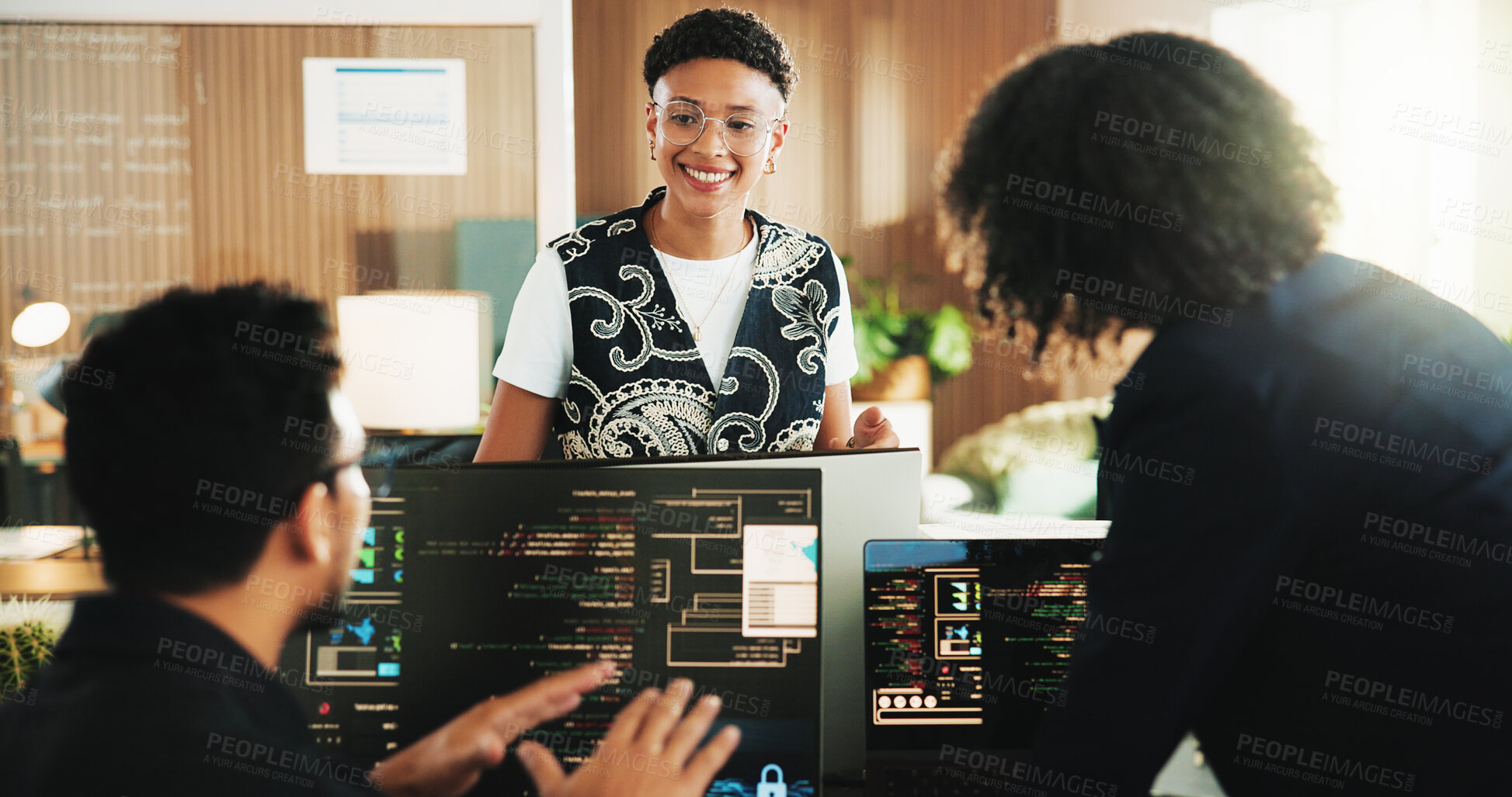 Buy stock photo People, group and computer with meeting for coding at office with programming, notes and tech company. Team, women and man with typing, report and futuristic web development with planning at agency