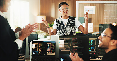 Buy stock photo People, group and computer with celebration for coding at office with programming, goals or tech company. Team, women and man with screen, report or achievement with motivation at startup AI agency