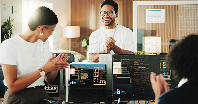 Buy stock photo Programming, computer and man with team applause for sprint completion, backlog goal or excited. Coding screen, people or clapping in coworking office for app launch success, good news or celebration