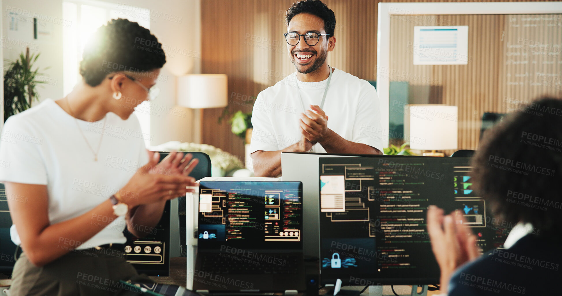 Buy stock photo Programming, computer and man with team applause for sprint completion, backlog goal or excited. Coding screen, people or clapping in coworking office for app launch success, good news or celebration