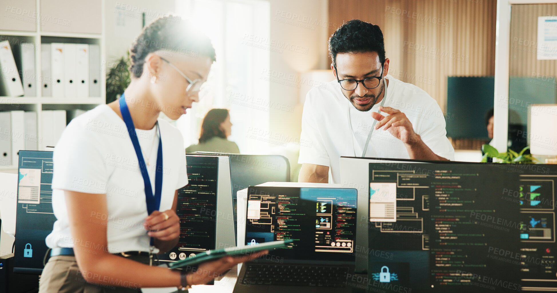 Buy stock photo Tablet, programmer and advice with business people in office for web developer, research and feedback. Code review, software engineer and database with employees in tech startup for it collaboration