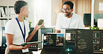 Tablet, programmer and smile with business people in office for web developer, research and feedback. Code review, software engineer and database with employees in tech startup for it collaboration